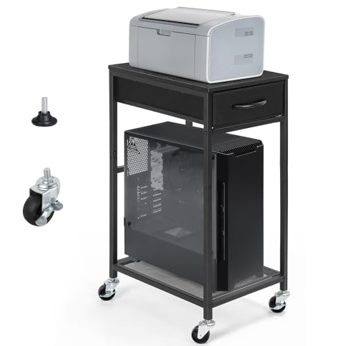 YBING PC Stand 2 Tier Computer Tower Stand with Drawer Mobile Computer Cart with Storage Metal CPU Holder on Wheels Pc Tower Stand Black Rolling Computer Tower Stand Floor for Office