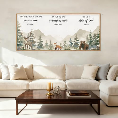 HPNIUB Woodland Animal Christian Framed Wall Art Set,Bible Verse Quote Wall Decor,Nature Forest Religious Art Print,Misty Forest Deer Bear Fox Artwork for Nursery,Kids Bedroom,Study Room-20"x40" - color: Animals&bible Verses Wall Art, size: 40"L x 20"W