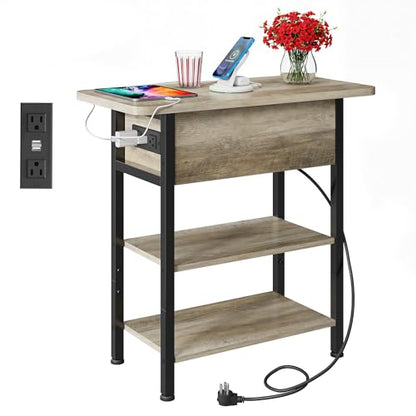 WLIVE End Table with Charging Station, Flip Top Narrow Side Table with Storage Shelf, Small Nightstand with USB Ports and Outlets,Bedside Table for Living Room, Bedroom,11.81" D x 23.62" W x 24.33" H - color: Greige