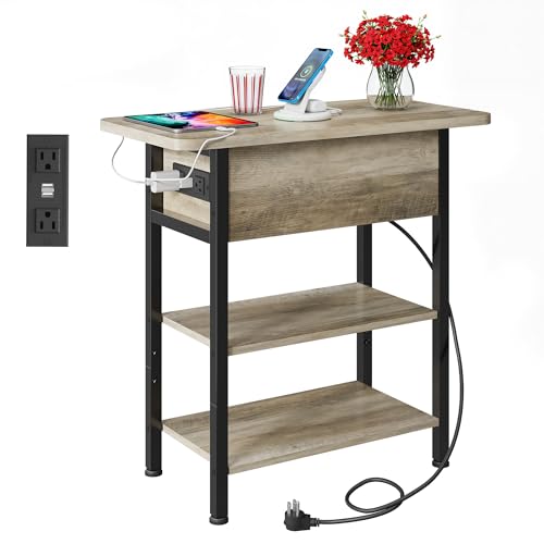 WLIVE End Table with Charging Station, Flip Top Narrow Side Table with Storage Shelf, Small Nightstand with USB Ports and Outlets,Bedside Table for Living Room, Bedroom,11.81" D x 23.62" W x 24.33" H - color: Greige