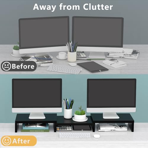 TAVR Monitor Stand Riser, Office Desktop Organizer Stand for 2 Monitors | Adjustable Length and Angle 3 Shelf, Extra Long Multifunctional Wooden Stand up to 43.3" fit Computer, Laptop, TV, Black - color: Black