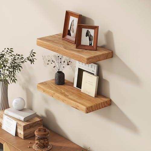 Fun Memories 18 Inch Floating Shelves for Wall, Solid Elm Wood Wall Shelf for Home Decor, Rustic Wooden Bathroom Shelves Set of 2, Heavy-Duty Hardwood Floating Shelf for Bedroom, Kitchen, Living Room - color: Usa-sourced Elm Wood, size: 18"W x 6.7"D