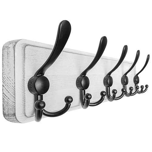 Dseap Coat Rack Wall Mounted - 5 Tri Hooks, Heavy Duty, Wooden Wall Coat Hanger Coat Hook for Clothes Hat Jacket Clothing, White & Black - color: White & Black, size: L=17.4"