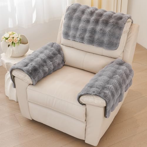 vctops 3 Pieces Faux Rabbit Fur Sofa Armrest Cover for Recliner Chair Non Slip Fluffy Furry Headrest Cover Soft Fuzzy Couch Cover for Dogs Washable Furniture Protector (Mid Grey,1 Seat) - color: Mid Grey