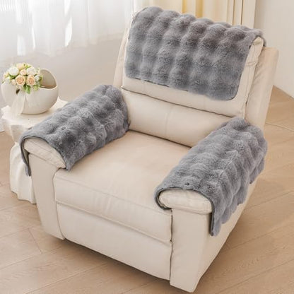 vctops 3 Pieces Faux Rabbit Fur Sofa Armrest Cover for Recliner Chair Non Slip Fluffy Furry Headrest Cover Soft Fuzzy Couch Cover for Dogs Washable Furniture Protector (Mid Grey,1 Seat) - color: Mid Grey
