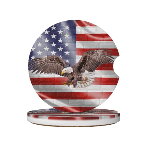 American Flag Fly Eagle Car Cup Holder Coasters 2 Pack Universal 2.63 Inch Anti Slip Ceramic Absorbent Coaster with Cork Base and Finger Notch Cute Car Accessories Interior for Women - color: Red
