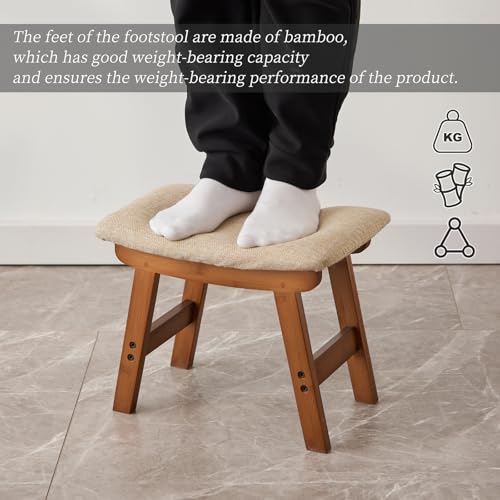 Kitsanery Foot Stool,Ottoman,Bamboo Small Sofa Foot Rest Under Desk,Extra Seating for Living Room, Bedroom and Kitchen(Brown Stool Legs - Beige Surface) - color: Brown Stool Legs - Beige Surface