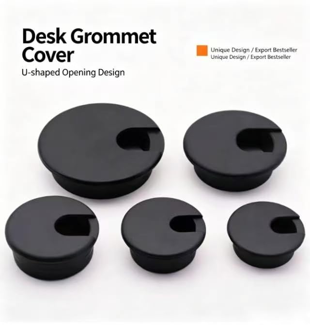Desk Grommet w/Cover, Black Plastic, 5 Pack, 2.5 Inch Hole | Cable Management