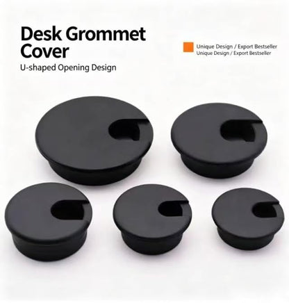 Desk Grommet w/Cover, Black Plastic, 5 Pack, 2.5 Inch Hole | Cable Management
