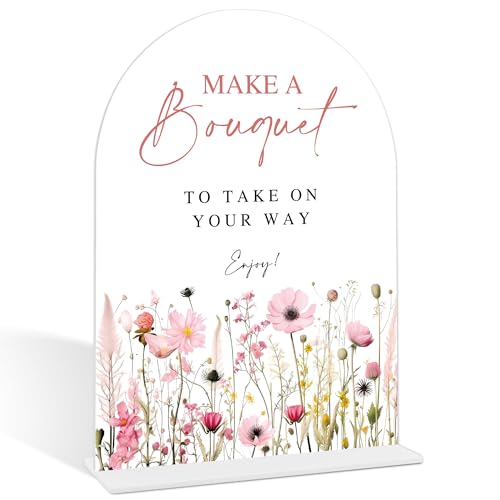 Pink Flower Make A Bouquet Sign, Flower Bar Supplies, Bridal Shower Decorations, Wedding Reception Decorations, Bridal Shower Centerpieces for Tables, Arch Acrylic Wedding Sign With Base-2 - color: Make A02