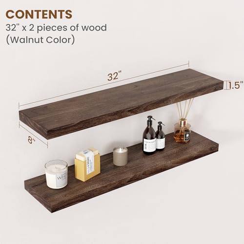 Floating Shelves for Wall Decor, 8 Inch Deep Rustic Solid Elm Wood Floating Shelves Wall Mounted, Wall Shelves with Invisible Bracket for Living Room Bathroom Bedroom Kitchen, 32 Inch Set of 2, Walnut - color: Walnut, size: Flat Edge, 32inch, 2Packs
