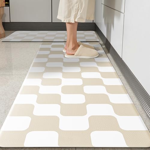 Cream Retro Curvy Checkered Grid Checkerboard Kitchen Rug Sets [2 PCs], Anti-Fatigue, Waterproof Non-Slip Kitchen Mats Heavy Duty Comfort Foam Rug for Floor, Home, Laundry,17"x29"+17"x47" - color: Milkgrid-cream, size: 17.3"x29"+17.3"x47"-0.4"H