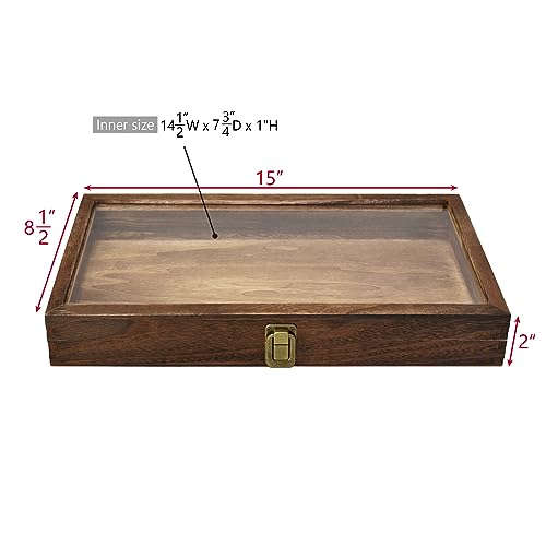 MOOCA 2 Pcs Wood Tempered Glass Top Jewelry Display Case Accessories Storage Box with Metal Clasp, Wooden Jewelry Tray for Collectibles, Pocket Knife Display Case, Brown Color - color: Brown, size: 2-Piece Set, 2 inch high