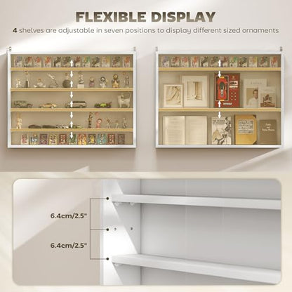 HOMCOM 5-Tier Display Cabinet, Glass Door Cabinet with Adjustable Shelves, Wall-Mounted Display Case for Playroom, Bedroom, White - color: White