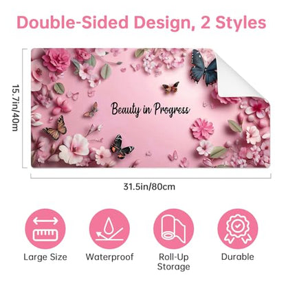 PU Leather Desk Mat Blotter,Cute Pink Desk Mat for Office, Home,School,Keyboard,Mouse,15.7"x31.5" Large Non-Slip Writing Mat with Travel Storage Strap, Waterproof Easy to Clean (Pink Butterfly) - style: Pink Butterfly