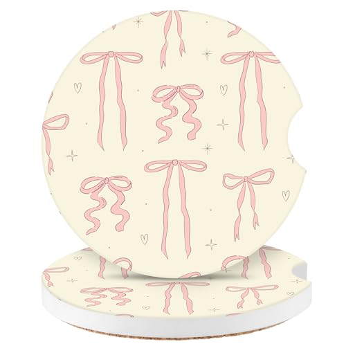 Cute Bowknot Car Coasters,Absorbent 2 Pack for Cup Holders with Finger Notch,2.56 inches Ceramics Heat Resistant Anti Slip Cork Base Car Drinks Coasters Auto Cup Holder - color: Cream Bows2