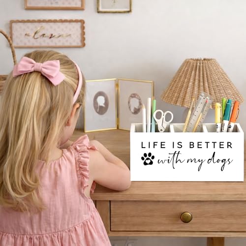 Life Is Better With Dogs Desk Organizer | Cute dog quote design; 3-compartment wooden holder stores pens, pencils, scissors, rulers. - color: Better With Dogs