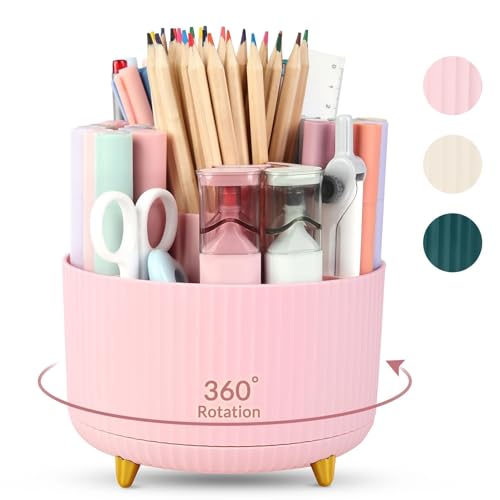 SKYDUE 360 Rotating Multipurpose Organizer - Cute Rotating Pen Holder with 5 Slots for Art Supplies, Office, School, Home - color: Pink_1Pack