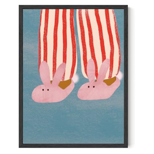 Girls Wall Art Nursery Wall Art Children Artwork A cute drawing of someone wearing pink rabbit slippers 12x16inch Unframed for Bedroom Kids Room Baby Room Classroom - color: Pink and blue, size: 12"L x 16"W
