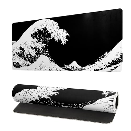 Japanese Sea Wave Large Mouse Pad, Abstract Black Gaming Mousepad, Extended Kanagawa Mat Desk Pad, 3mm Thick Long Non-Slip Rubber Base Mice Pad for Office and Home, 27.6x11.8 Inch - color: Sea Wave 2