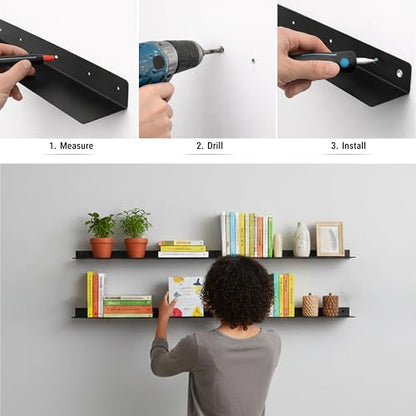 SIMOND STORE Linear Floating Shelf 48-inch X 8-inch x 2.5-inch, Black Steel | Industrial Heavy Duty Metal Wall Mounted DIY Designed Shelf, Black Powder Coated, Powder Coated Black for strong wall storage - size: 48-inch X 8-inch Powder Coated Black