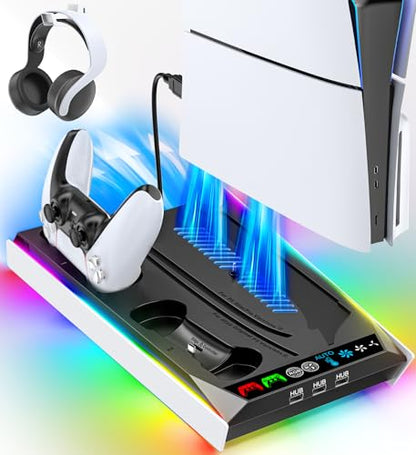 PS5/Slim/Pro Stand for Disc & Digital Console, PS5 Cooling & Charging Station with RGB Lights, PS5 Controller Charger Built-in 3 Level & AUTO Adjustable Fan, Accessories for PlayStation 5 Cases - color: Black & White