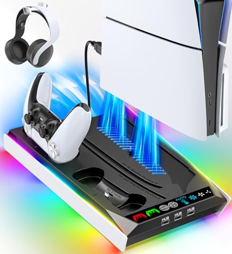 PS5/Slim/Pro Stand for Disc & Digital Console, PS5 Cooling & Charging Station with RGB Lights, PS5 Controller Charger Built-in 3 Level & AUTO Adjustable Fan, Accessories for PlayStation 5 Cases - color: Black & White