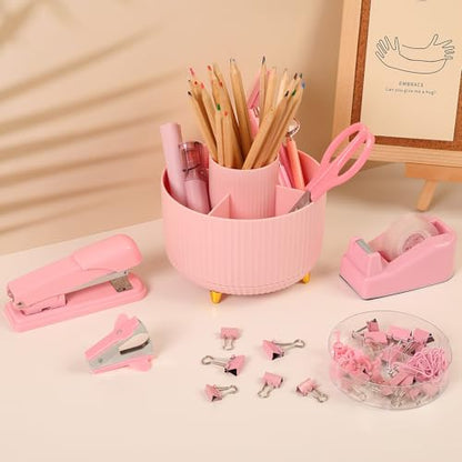 SKYDUE Pink Desk Accessories 10Pcs, Rotating Pen Holder for Desk, Stapler, Staple Remover, Tape Dispenser,2pcs Tape Refills, Binder Paper Clips Kit, Scissor,Pink Office School Supplies - color: Pink