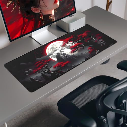 FreeNook Large Gaming Mouse Pad, Anime Black Mousepad with with Non-Slip Base, Expanded Cool Desk Mat, Mountain Moon Scenery XL Keyboard Mat Suitable for Home Office,31.5 X 15.7 Inch - color: Trees Mountains, size: 31.5L x 15.7W inches