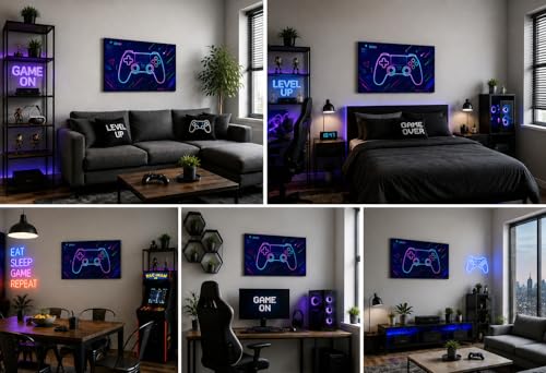 ICE ARMOR Large Neon Game Zone Controller Wall Art Minimal Gaming Line Art Canvas Print Blue Background Modern Gamer Bedroom Decor 24x36 Inch Frameless Ready to Hang