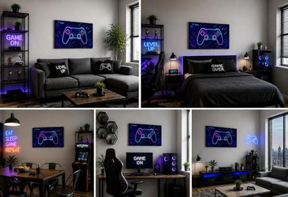 ICE ARMOR Large Neon Game Zone Controller Wall Art Minimal Gaming Line Art Canvas Print Blue Background Modern Gamer Bedroom Decor 24x36 Inch Frameless Ready to Hang