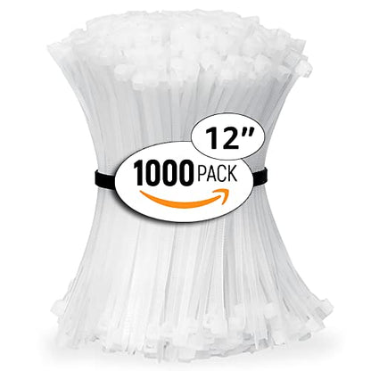 ALBO Zip Ties White 12 Inch 1000 Pack 50 lb, Long Plastic Cable Ties Thick 0.19 Inch Tie Wraps Heavy Duty UV Resistant Nylon Wire Ties for Indoor and Outdoor - size: 12" White 1000 Pack 50lb