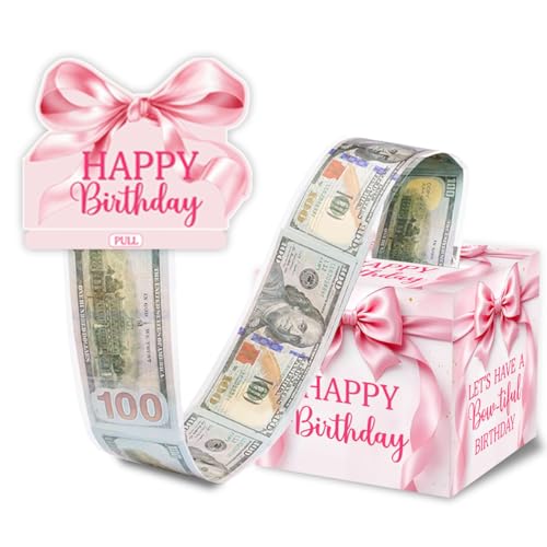 Pink Bow Birthday Money Gift Boxes for Cash, Bow-Tiful Birthday Money Pull Box for Women Girls - color: White