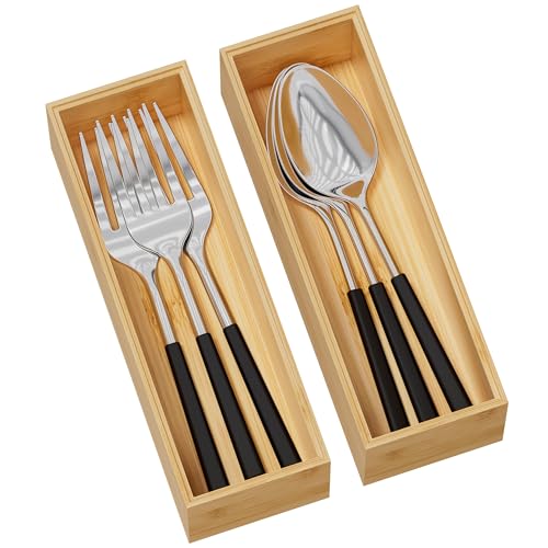 Kitchen Drawer Organizer Bins, Stackable Bamboo Deep Drawer Organizer for Silverware, Utensils, Cutlery, Flatware, Junk Drawer, Dresser, Bathroom, 9" x 3" x 2.5" (Set of 2) - color: Bamboo, size: 9 x 3 x 2.5 Inch