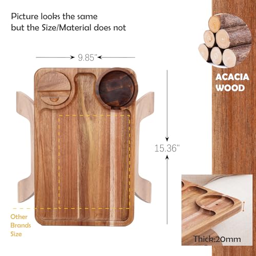 Nnewvante Couch Cup Holder Tray, 3 in 1 Large 15.36"x9.85" Acacia Wood Sofa Arm Clip on Tray Table with 360°Rotated Phone Holder on Armrest - color: Acacia