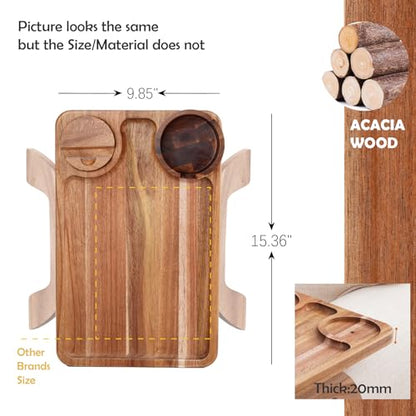 Nnewvante Couch Cup Holder Tray, 3 in 1 Large 15.36"x9.85" Acacia Wood Sofa Arm Clip on Tray Table with 360°Rotated Phone Holder on Armrest - color: Acacia