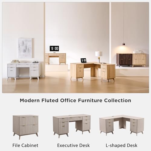 T4TREAM Modern Fluted Executive Desk with Drawers, 60" Home Office Computer Desk with Charging Station & Keyboard Tray, Alder White - color: Alder White