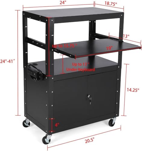 Adjustable Height AV Media Cart, 24-42 Inch Mobile Stand with Locking Storage, Extended Tray Organizer, Cable Management Wheels, for Home Office School - size: Without extension rack