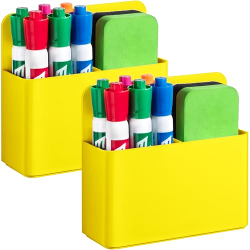 2 Pcs Magnetic Dry Erase Marker Holder for Whiteboard, Plastic Magnetic Pen Holder for Refrigerator Fridge, Magnet Pencil Cup for School Classroom, Locker Accessories,Pen Cup Organizer-Yellow - color: Yellow