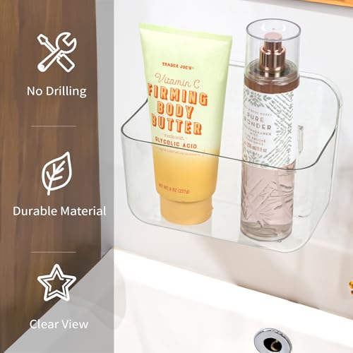 Wall Mounted Storage Organizer Bins Organizing Shelf Basket Clear Plastic Makeup Organizer Adhesive Hanging Bin Fridge Organizer for Bathroom,Kitchen,Cabinet,Pantry,Countertops (L(7×3.9×5.5")) - size: 7 × 3.9 × 5.5"