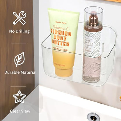 Wall Mounted Storage Organizer Bins Organizing Shelf Basket Clear Plastic Makeup Organizer Adhesive Hanging Bin Fridge Organizer for Bathroom,Kitchen,Cabinet,Pantry,Countertops (L(7×3.9×5.5")) - size: 7 × 3.9 × 5.5"