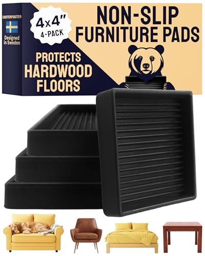 CasterMaster Square Caster Cups - 4 in Black, 4 Pack, Non-Slip | Heavy-duty rubber caster cups - Use for bed, sofa & chair legs on hardwood, stop sliding - color: Black, size: 4'' x 4'' (Pack of 4)