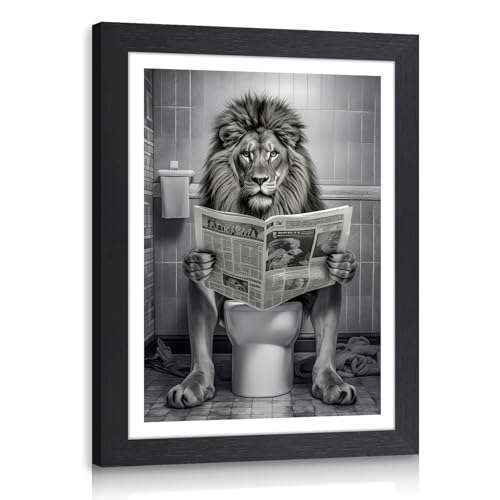 LERVR Wood Framed Funny Lion Bathroom Wall Art, Lion Reading Newspaper Toilet Wall Decor, Black and White Bathroom Canvas Print, Whimsical Animal Aesthetic Picture for Powder Room Restroom 8x10 Inch - color: Lion, size: 10"L x 8"W