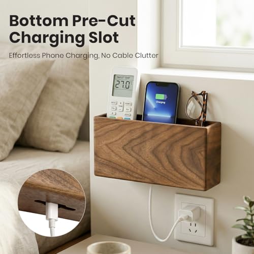 Remote Holder Hole-Free, Self-Adhesive Storage Wooden Box Large | Wall Mounted or Desk Mounted Container for Remote Phone Pencil Stationery Accessories Placement - size: Large