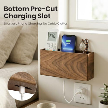 Remote Holder Hole-Free, Self-Adhesive Storage Wooden Box Large | Wall Mounted or Desk Mounted Container for Remote Phone Pencil Stationery Accessories Placement - size: Large