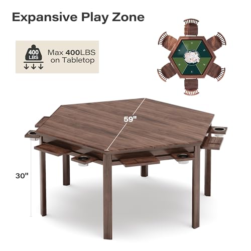 LAUSAINT HOME Board Game Table with Removable Table Top, 59” Play Area, Hexagon Gaming and Dining Table with Play Mat, Detachable Cup Holders and Trays for 6 Players, for Card, DND and Poker, Walnut - size: Hex Table