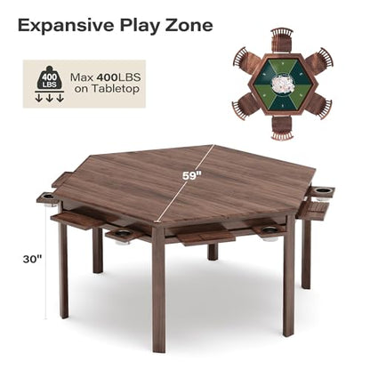 LAUSAINT HOME Board Game Table with Removable Table Top, 59” Play Area, Hexagon Gaming and Dining Table with Play Mat, Detachable Cup Holders and Trays for 6 Players, for Card, DND and Poker, Walnut - size: Hex Table