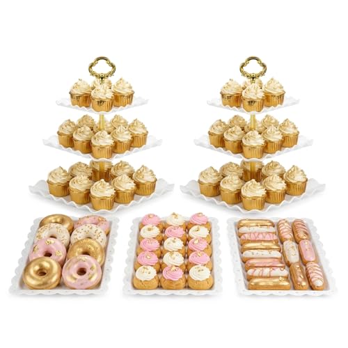 NWK 5 Piece Cake Stand Set with 2 x Large 3-Tier Cupcake Stands, 3 x Appetizer Trays, for Wedding Birthday Baby Shower Tea Party Decorations (Gold) - color: Gold