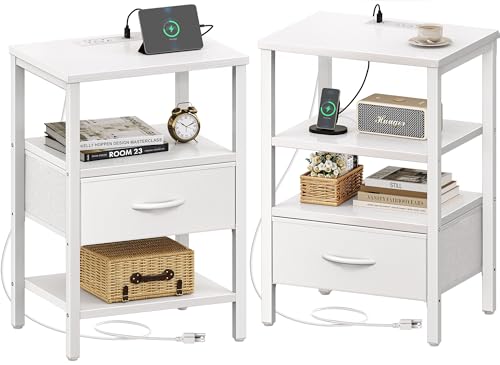 SUPERJARE Nightstand Set of 2, Bed Side Tables with Charging Station, Adjustable Fabric Drawer, Night Stand for Bedroom, 3-Tier Storage End Tables, White, 8694WC - color: White, size: M-2 (11.8"D x 15.7"W x 23.4"H)