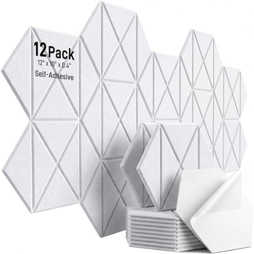 12 Pack Hexagon Acoustic Panels, 12" x 10" x 0.4" X-Lines Design Self-Adhesive Soundproof Wall Panels, High-Density Sound Absorbing Panels for Recording Studio, Home Office, Gaming Room, White - color: X-Lines - White, size: Hexagon - 12 Pack